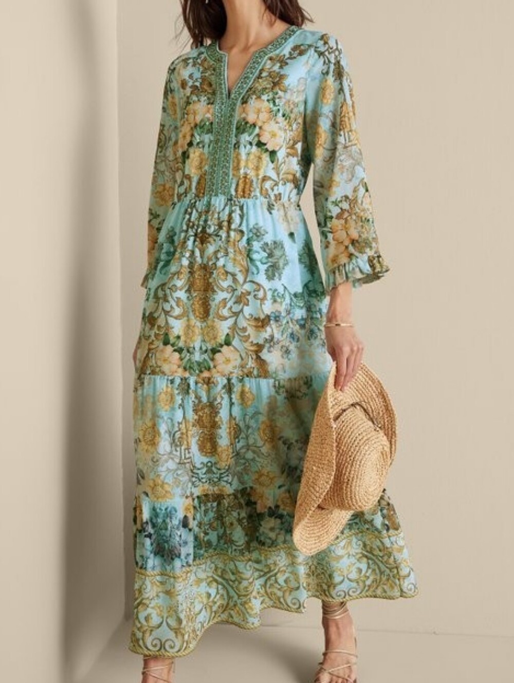 Soft Surroundings Petite Small Light Blue Floral Beaded Tiered Maxi Dress